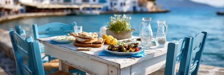 Greek seaside taverna table set on a sunny port with food and drink