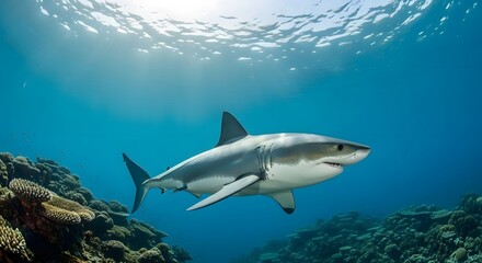 Fototapeta premium A powerful great white shark swims gracefully through sunlit blue ocean waters above a vibrant coral reef.