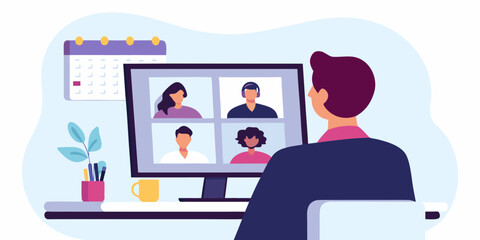 Man participating in a video conference call with colleagues on his computer screen with a calendar in the background