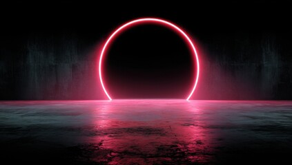 Neon pink ring portal on dark concrete floor