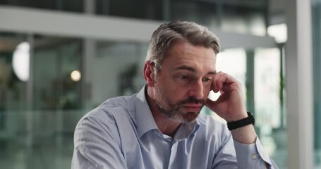 Man, headset and tired with frustrated at office, laptop and fatigue for consulting job at investment agency. Mature person, broker or financial advisor with career, exhausted or stress with burnout