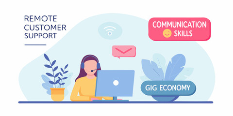 Remote customer support agent with headset working on computer with communication skills and gig economy concepts