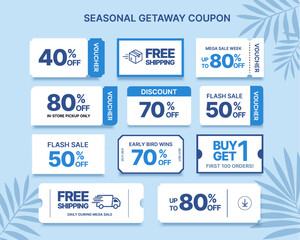 Collection of season coupon and sale labels, with coupon code, percent price off, free shipping icon badge, isolated on background. Sale badge, discount voucher icon collection in vector illustration