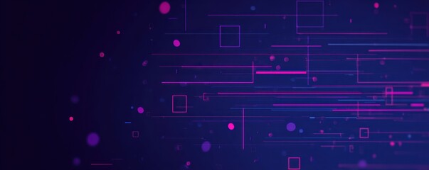 Abstract digital art with vibrant lines, squares, and dots on a dark background