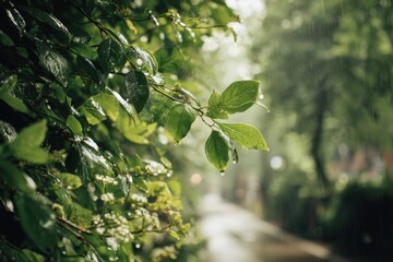 Lush greenery drenched in rain, street view blurred