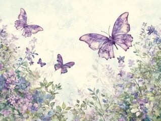 A whimsical and magical illustration of butterflies fluttering among purple flowers in an enchanted, glowing garden. A dreamy and romantic background for a wedding, fantasy, or spring theme.
