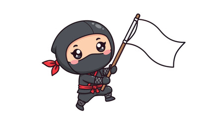 Adorable Cartoon Ninja Holding a White Flag of Surrender.
