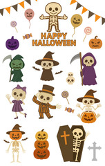 Cute Halloween Characters Illustration Set with Skeletons, Jack-o’-Lanterns, Grim Reaper and Candy