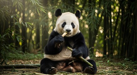 Obraz premium A giant panda sits in a sunlit bamboo forest, peacefully eating a stalk of bamboo.
