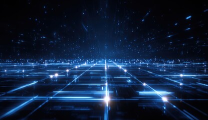 Obraz premium Futuristic cityscape of glowing blue lines and points. A digital network stretches into the distance