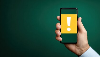 A hand holding a smartphone displaying a yellow exclamation mark on a green background, suggesting a warning or urgent notification