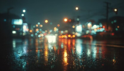 Obraz premium Blurred city street at night, rain
