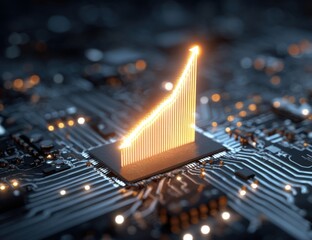 Growth chart on a circuit board.  Glowing lines represent a rising trend on a microchip, signifying technological advancement and progress.  Dark background with detailed circuitry