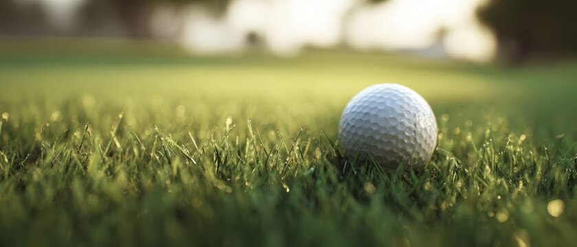 The golf ball resting on dewy grass at sunrise on a serene golf course