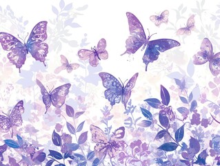 A whimsical and magical illustration of butterflies fluttering among purple flowers in an enchanted, glowing garden. A dreamy and romantic background for a wedding, fantasy, or spring theme.