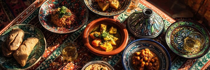 Moroccan cuisine displayed on vibrant table, tajine, couscous, and bread taking center stage
