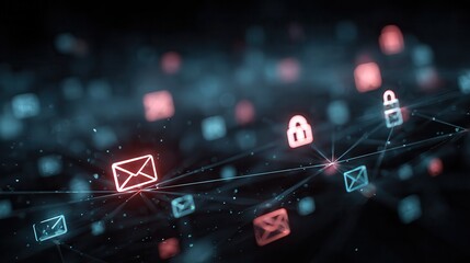 Digital network of glowing email and lock icons.
