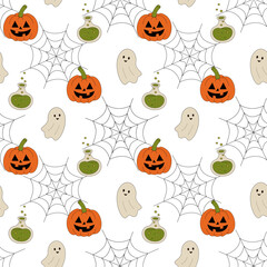 Vector seamless Halloween pattern with pumpkins, ghosts, potion bottles, and spider webs on white background. Cute festive design.