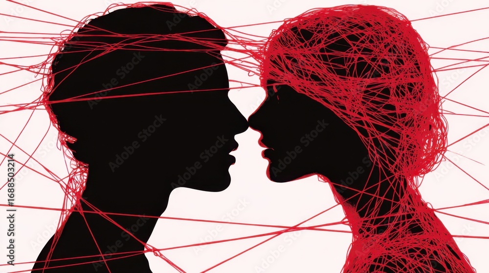 Poster Two silhouetted figures face each other, connected by intricate red threads. This artwork symbolizes the complexity of relationships and emotional bonds, creating a striking visual impact.