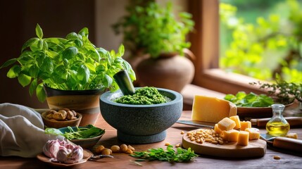 Preparing pesto genovese, fresh basil, pine nuts, cheese, and mortar on rustic table