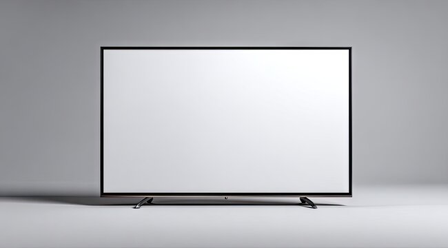A flat-screen television with a blank white screen sits on a simple stand against a muted gray backdrop.  The thin black bezel surrounds the display