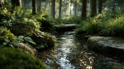 Obraz premium Serene forest brook flowing through verdant undergrowth