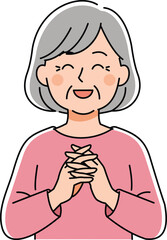 Illustration of a happy senior woman with gray hair, wearing a pink shirt, and smiling contentedly with her hands clasped together.