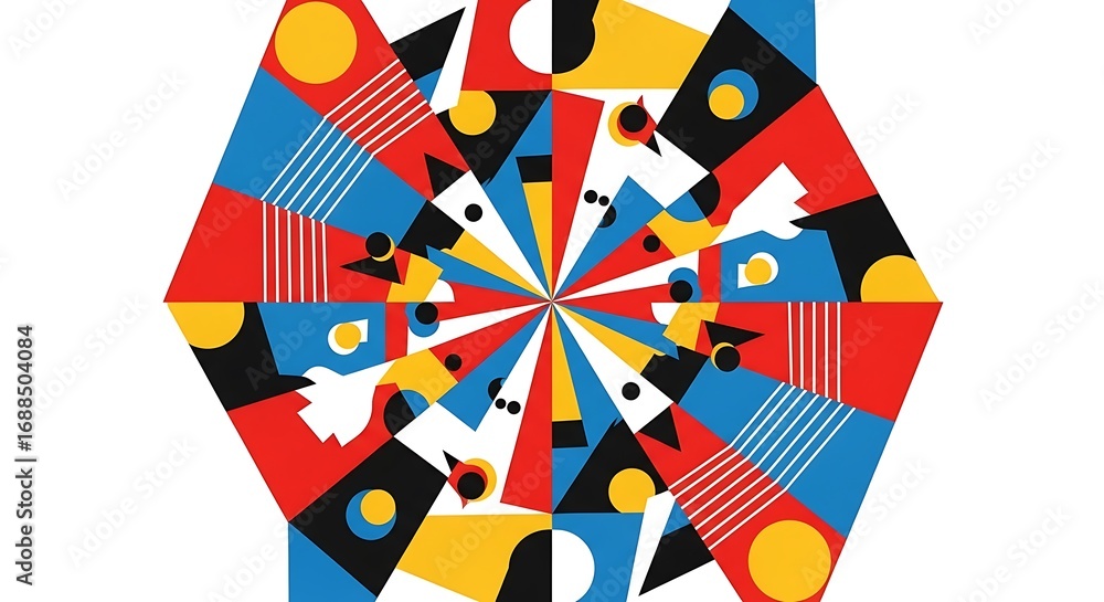 Poster Geometric hexagon pattern comprised of primary color shapes on white