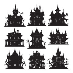 set of black various halloween hunted house vector silhouettes isolated on white background