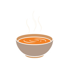 Illustration of a bowl of hot orange soup, steaming, isolated on white background