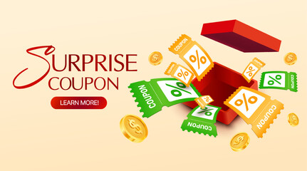 Surprise coupon promotion with red gift box, flying discount vouchers in green and yellow colors, percentage signs, and golden coins, isolated on light background. 3d gift card in vector illustration © Van