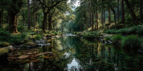 Obraz premium Tranquil forest stream reflecting lush greenery in a serene wilderness during the golden hour