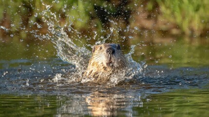 Fototapeta premium A beaver is energetically swimming in a calm river, creating splashes as it dives beneath the surface. Lush greenery lines the riverbank, reflecting warm hues from the setting sun.