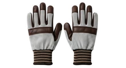 Pair of protective gardening gloves with brown leather accents and striped pattern