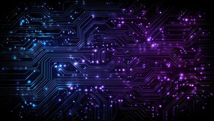 Obraz premium Abstract circuit board pattern, dark background with vibrant purple and blue glowing traces