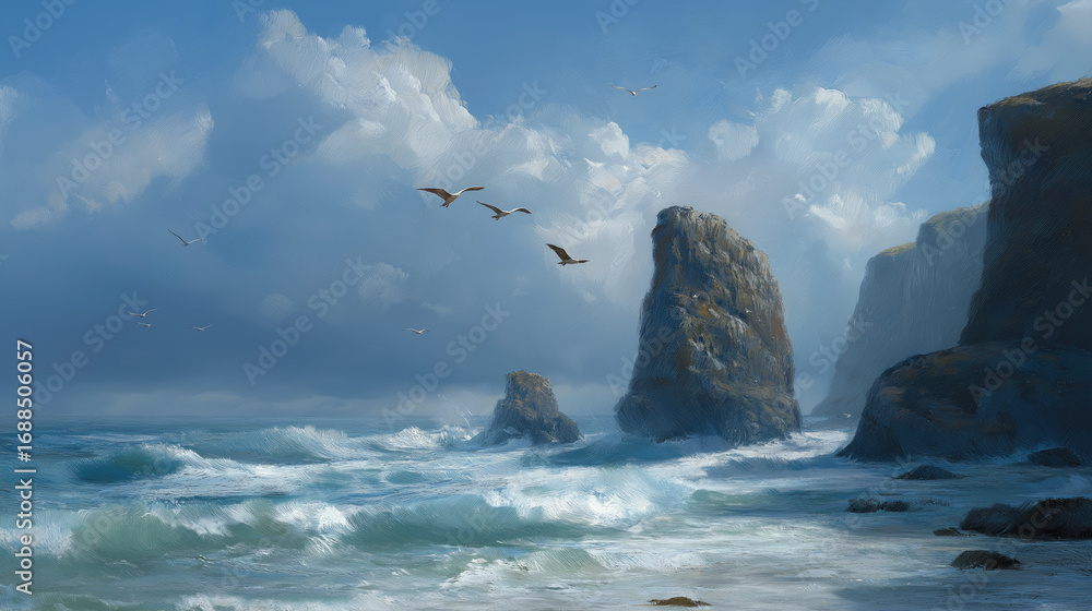 Poster coastal cliffs with seagulls soaring above crashing waves.