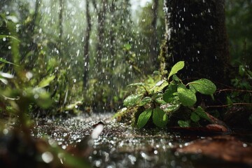 Fototapeta premium Lush forest floor in heavy rain