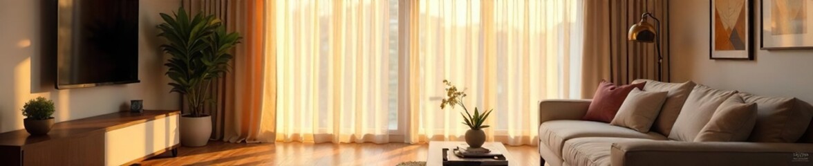 Obraz premium Elegant sheer curtains softly filtering sunlight, creating a warm and inviting atmosphere in a contemporary living room Perfect for interior design and home decor websites , calming, renovation