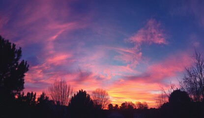 Fototapeta premium Panoramic sunset view with vibrant pink and orange clouds over silhouettes of trees