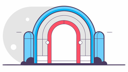 A geometric style illustration features a symmetrical, arched structure using bold colors like blue, red, and white. AI generated.