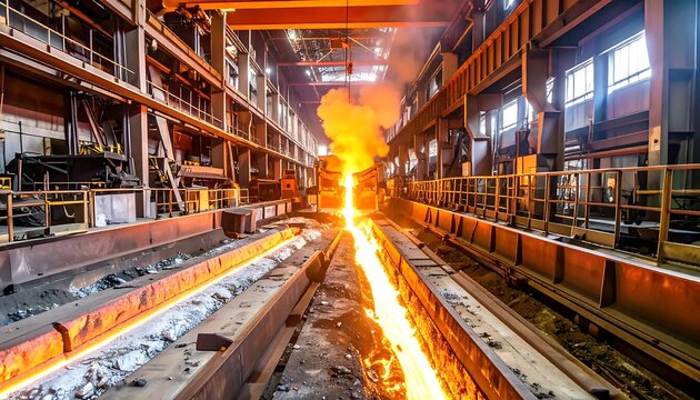 An industrial interior view of a foundry with molten metal being poured, showcasing the heat and process within the factory. The glowing liquid cascades along a channel. 