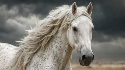 Majestic white horse stands proudly against a stormy sky in an open field during late afternoon