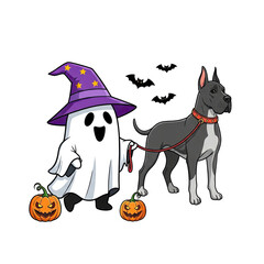 Cute ghost in a witch hat holding a leash with a pitbull dog on a transparent background isolated on transparent background