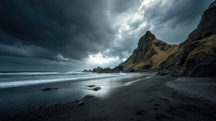 Fototapeta premium Eerie volcanic black sand beach with dramatic skies.