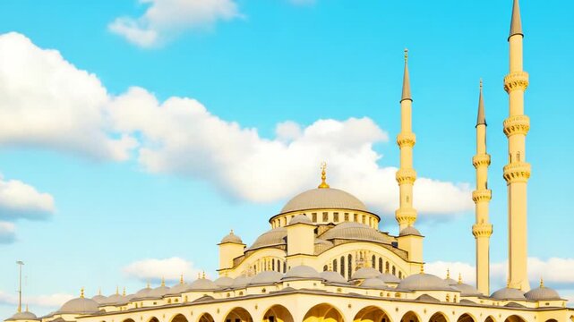 A majestic mosque with towering minarets, a large dome, and intricate arches set against a bright blue sky with fluffy clouds