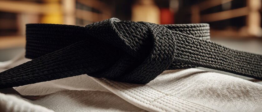 The black belt resting on a white gi uniform in a traditional dojo