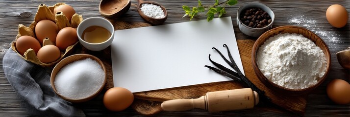 Baking ingredients framing blank recipe page on rustic wooden table