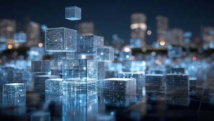 Digital city cubes at night.  Transparent, glowing cubes stacked.  Blurred city lights in background