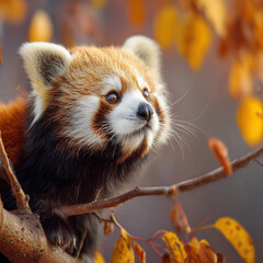Fototapeta premium Red panda perched on a leafy tree branch wildlife portrait