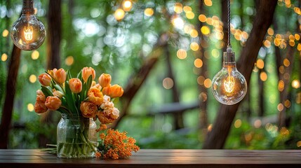 A bouquet of peachy orange tulips in a glass jar on a wooden table, with warm outdoor lighting.